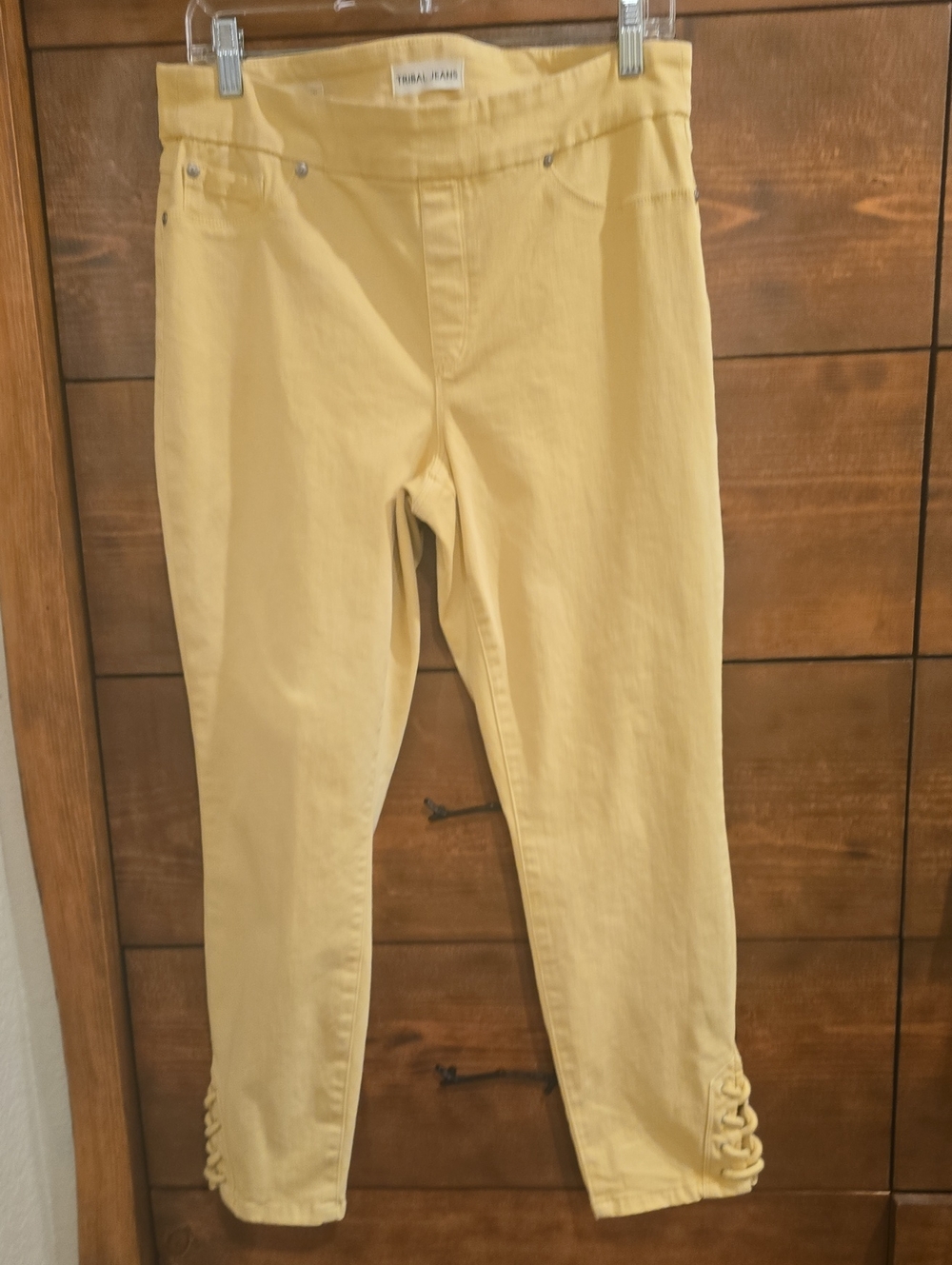 Tribal Yellow Ankle Pants Lace-Up Hem Pull-On Stretch Capri Women’s